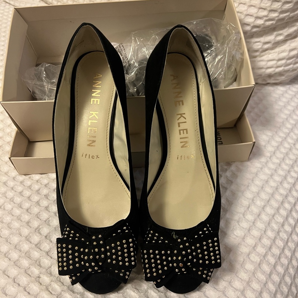 Anne Klein Black Studded Bow Heels